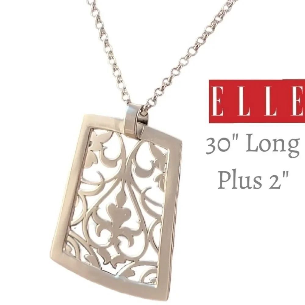 New ELLE Sterling Modern Filigree Flourish Openwork Long Statement Necklace